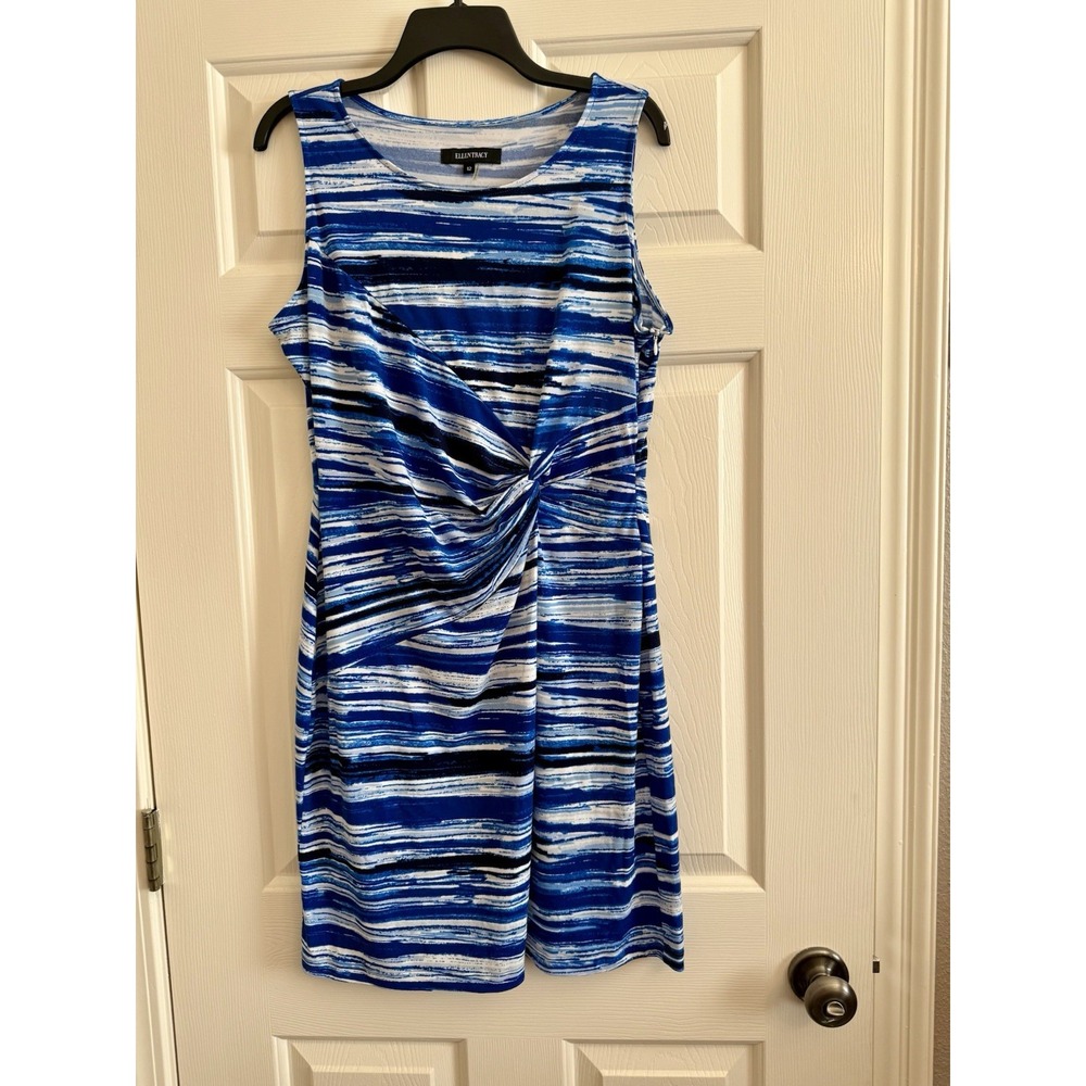 Ellen Tracy Dress Womens 12 Blue White Abstract Stripe Twist Front Stretch